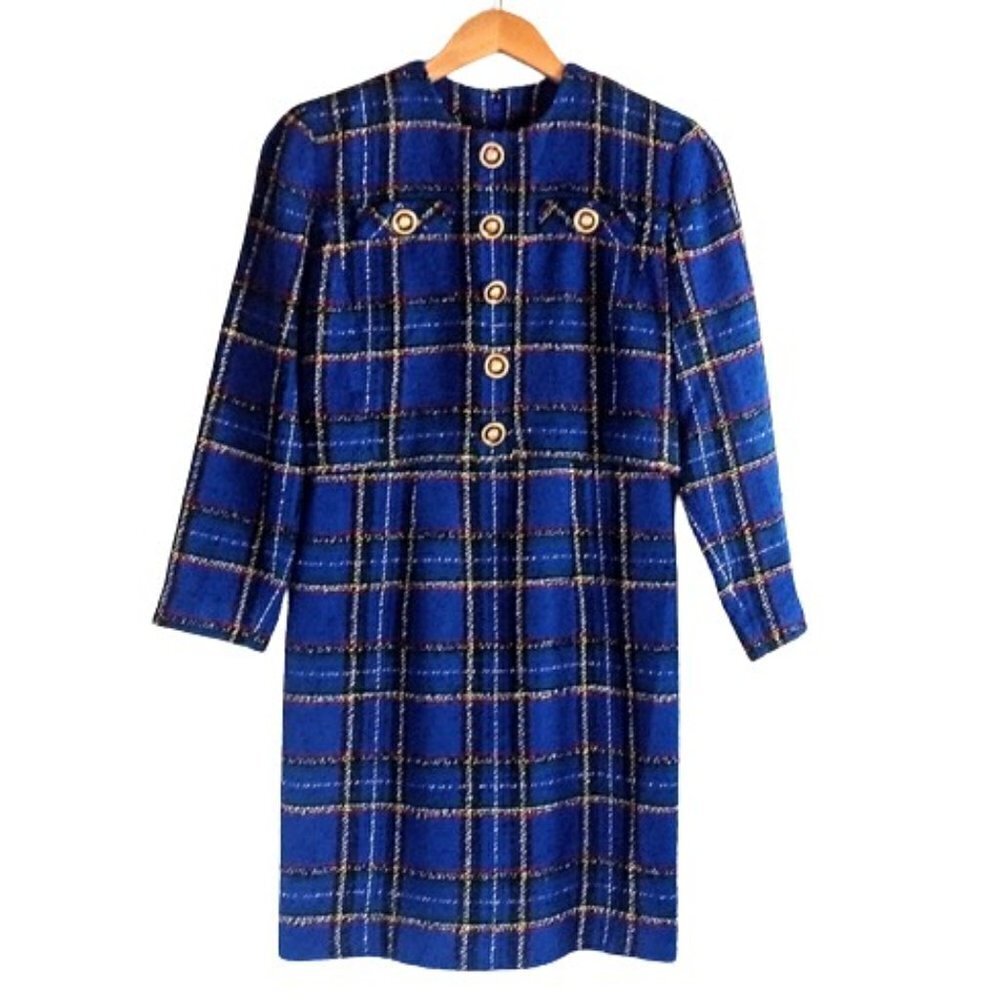 Vintage Santa Fe Blue Plaid Tweed Dress